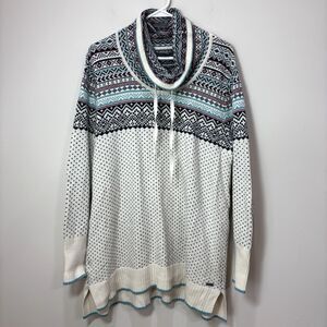 Eddie Bauer Fair Isle Wool Sweater XXL Funnel Neck Drawstring Knit Pullover